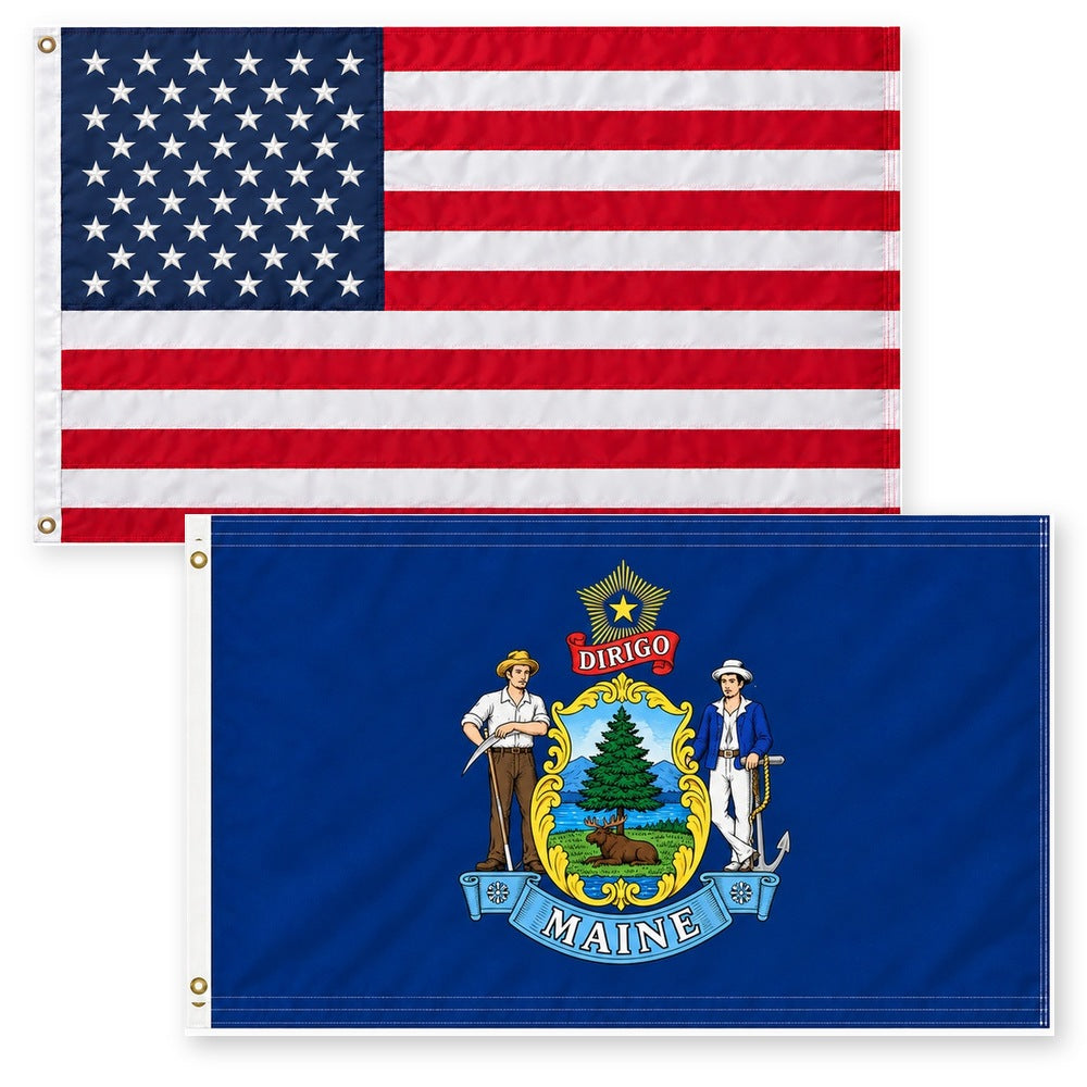 Heavy Duty American Flag and Maine State Flag 3x5 2-Pack