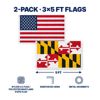 Heavy Duty American Flag and Maryland State Flag 3x5 2-Pack features and size details
