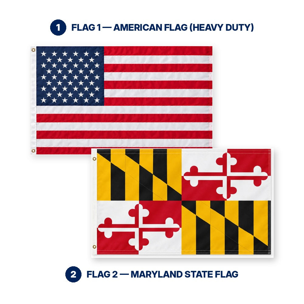 Heavy Duty American Flag and Maryland State Flag 3x5 2-Pack features and size details