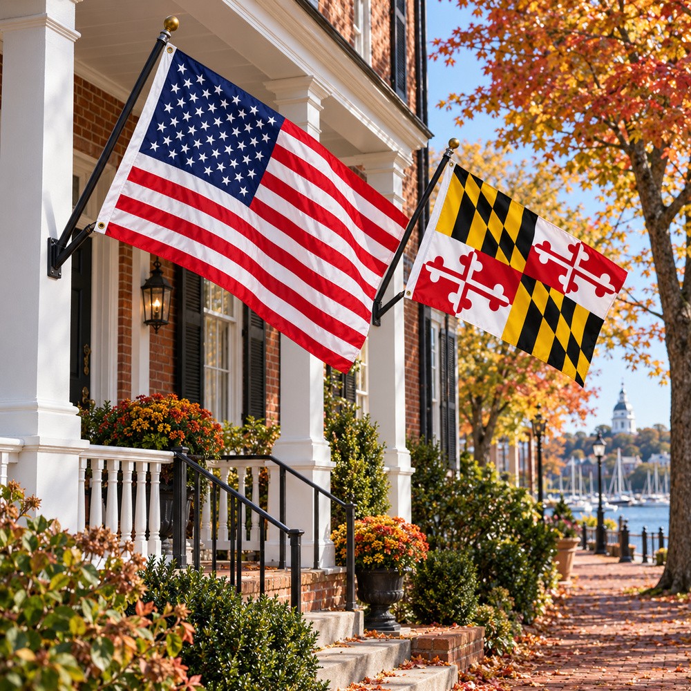 Heavy Duty American Flag and Maryland State Flag 3x5 2-Pack displayed outdoors