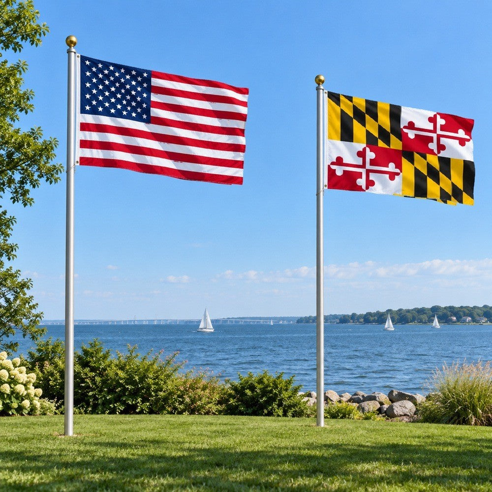 Heavy Duty American Flag and Maryland State Flag 3x5 2-Pack displayed outdoors