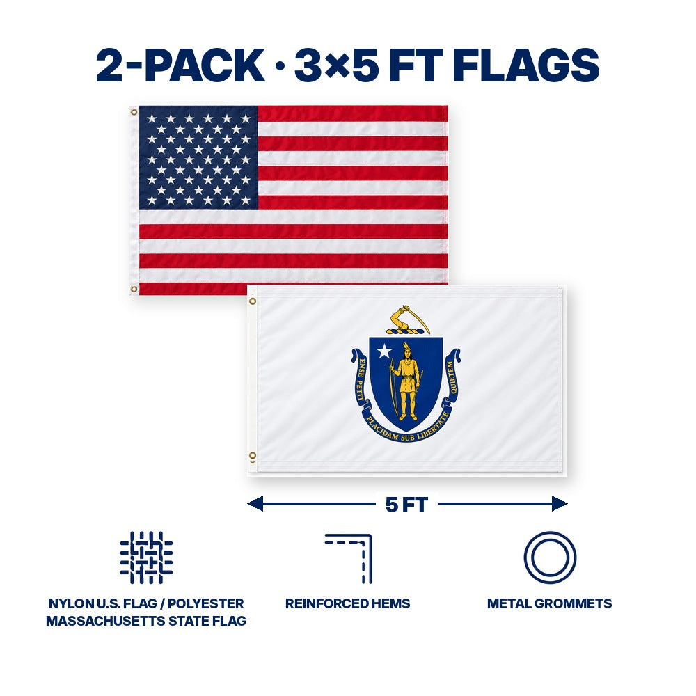 Heavy Duty American Flag and Massachusetts State Flag 3x5 2-Pack features and size details