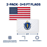 Heavy Duty American Flag and Massachusetts State Flag 3x5 2-Pack features and size details