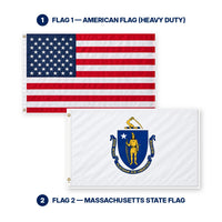Heavy Duty American Flag and Massachusetts State Flag 3x5 2-Pack features and size details