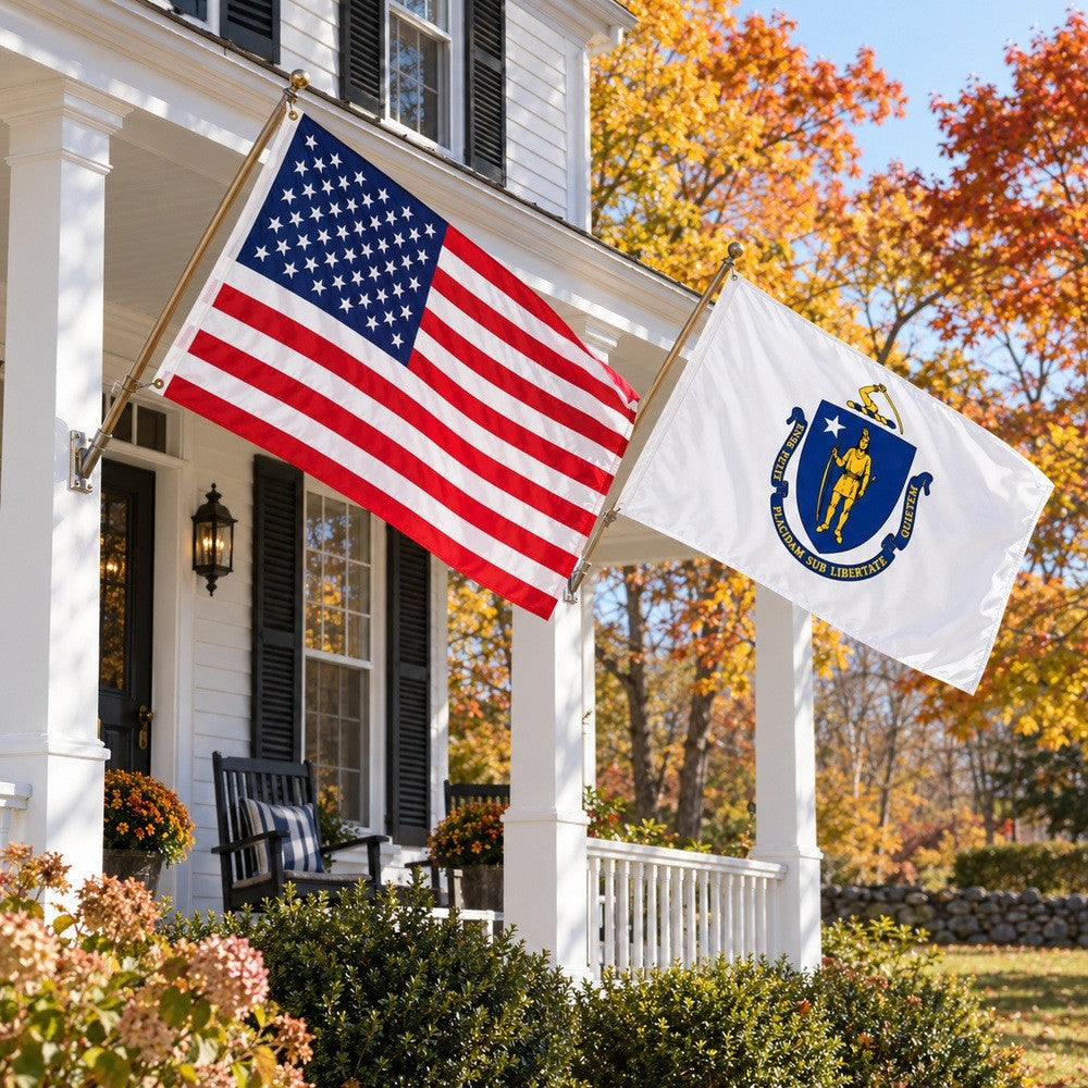 Heavy Duty American Flag and Massachusetts State Flag 3x5 2-Pack displayed outdoors