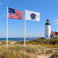 Heavy Duty American Flag and Massachusetts State Flag 3x5 2-Pack displayed outdoors