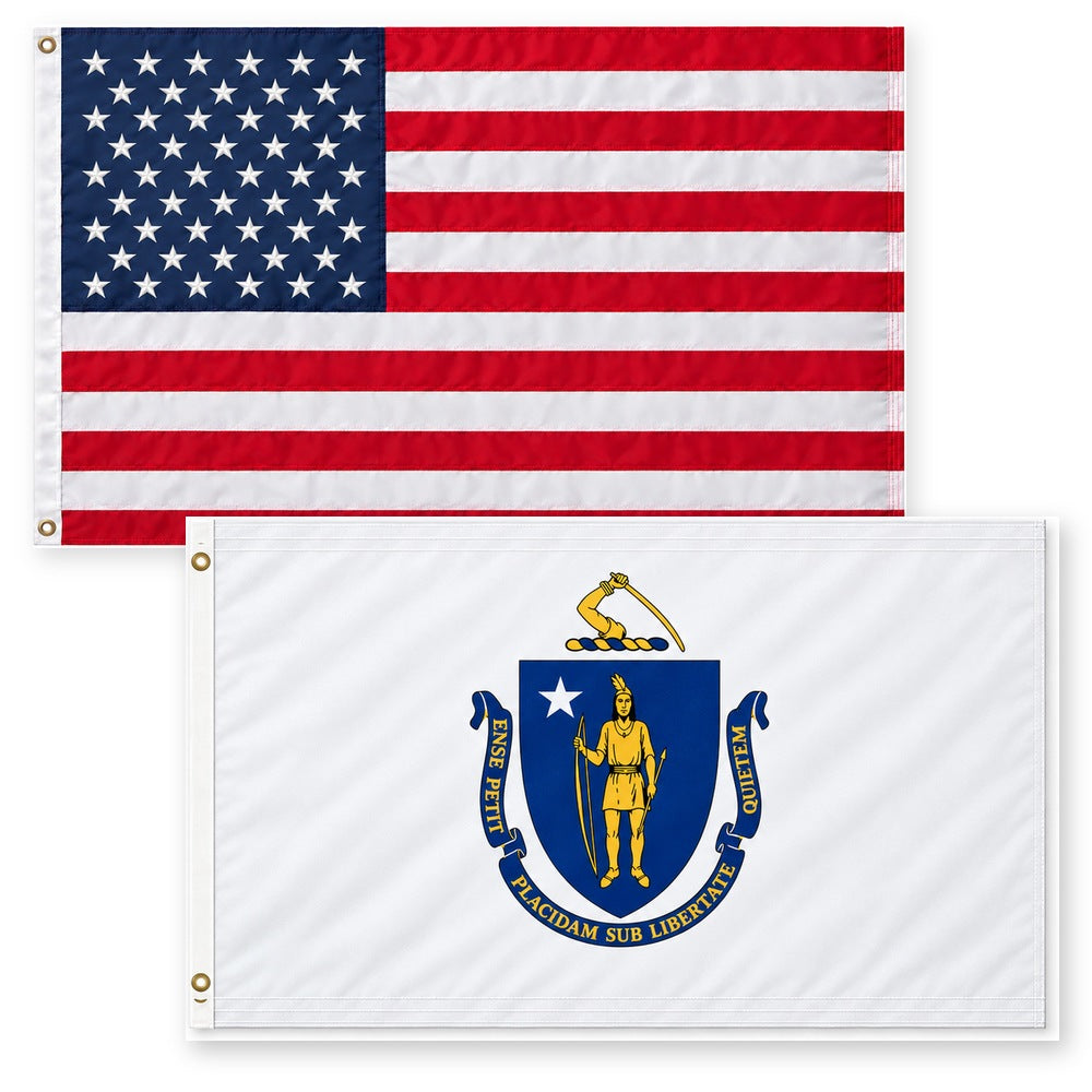 Heavy Duty American Flag and Massachusetts State Flag 3x5 2-Pack