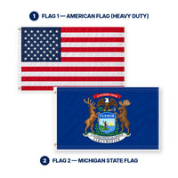 Heavy Duty American Flag and Michigan State Flag 3x5 2-Pack features and size details
