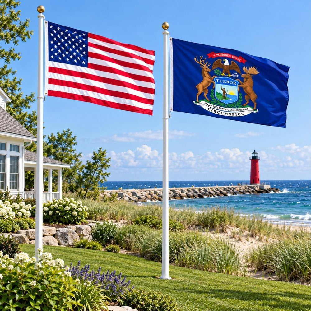 Heavy Duty American Flag and Michigan State Flag 3x5 2-Pack displayed outdoors