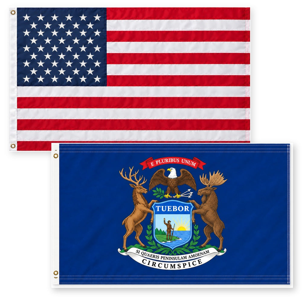 Heavy Duty American Flag and Michigan State Flag 3x5 2-Pack