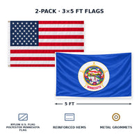Heavy Duty American Flag and Minnesota State Flag 3x5 2-Pack features and size details