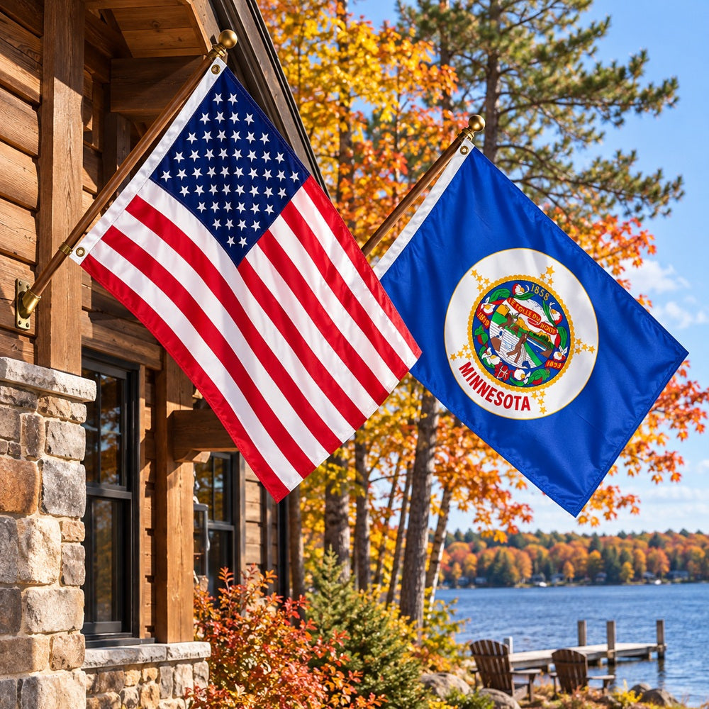 Heavy Duty American Flag and Minnesota State Flag 3x5 2-Pack displayed outdoors