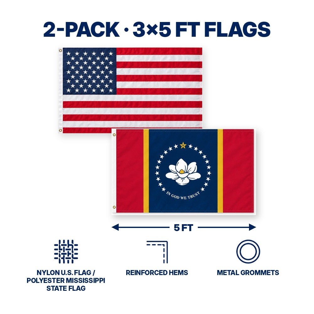 Heavy Duty American Flag and Mississippi State Flag 3x5 2-Pack features and size details