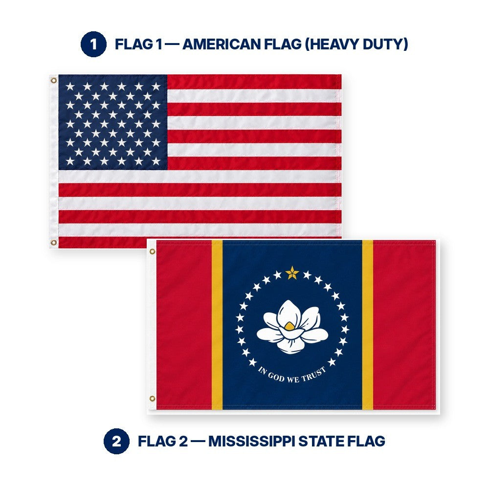 Heavy Duty American Flag and Mississippi State Flag 3x5 2-Pack features and size details