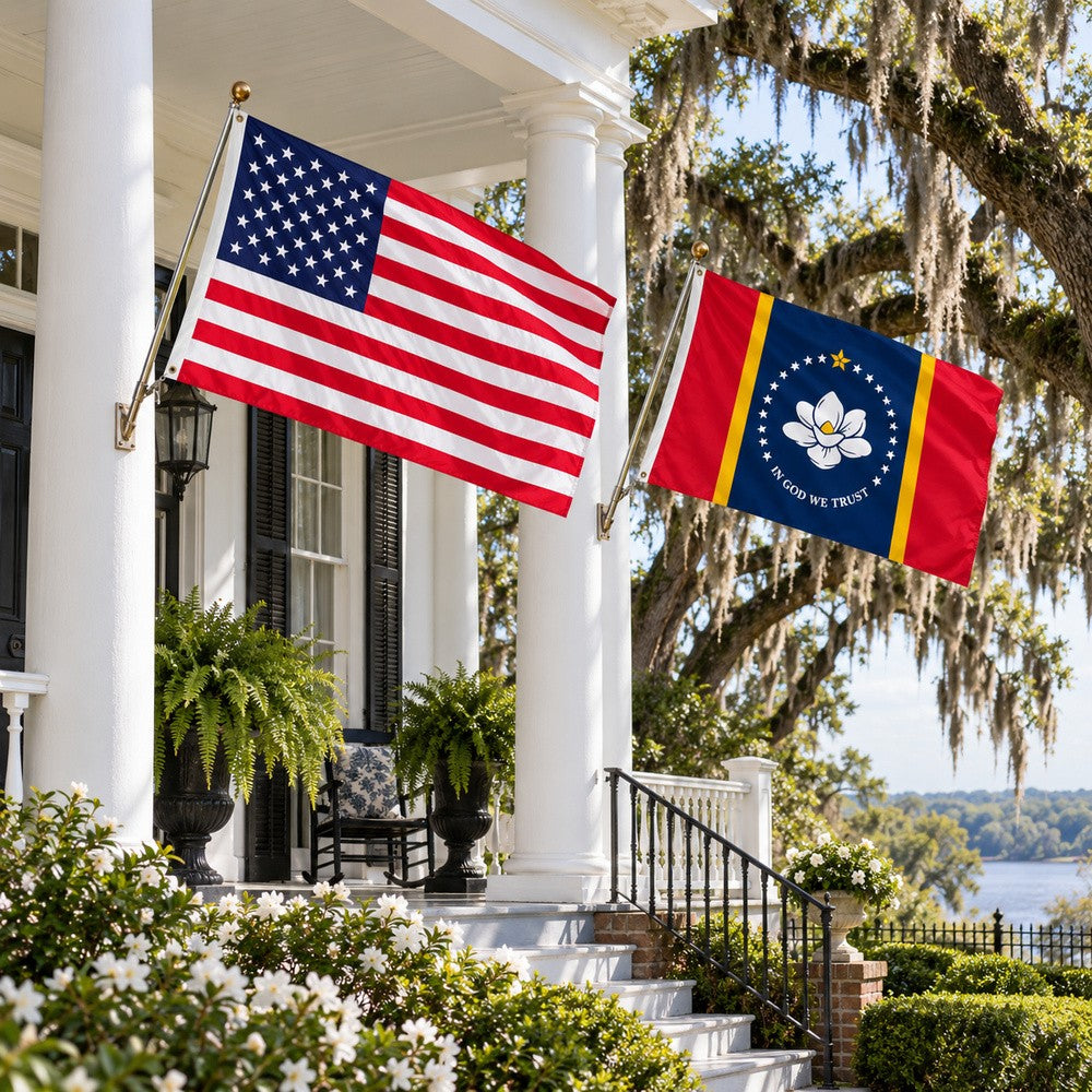 Heavy Duty American Flag and Mississippi State Flag 3x5 2-Pack displayed outdoors