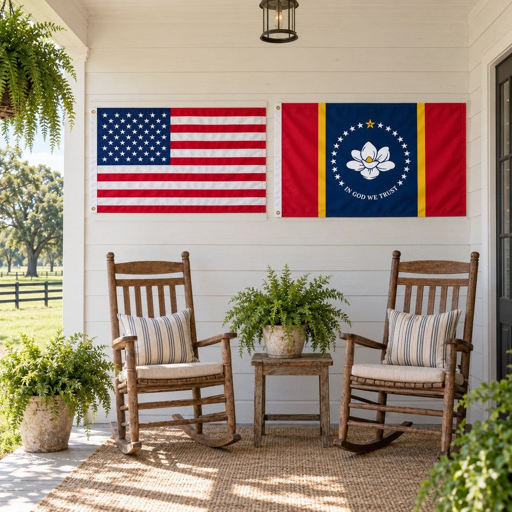 Heavy Duty American Flag and Mississippi State Flag 3x5 2-Pack displayed outdoors