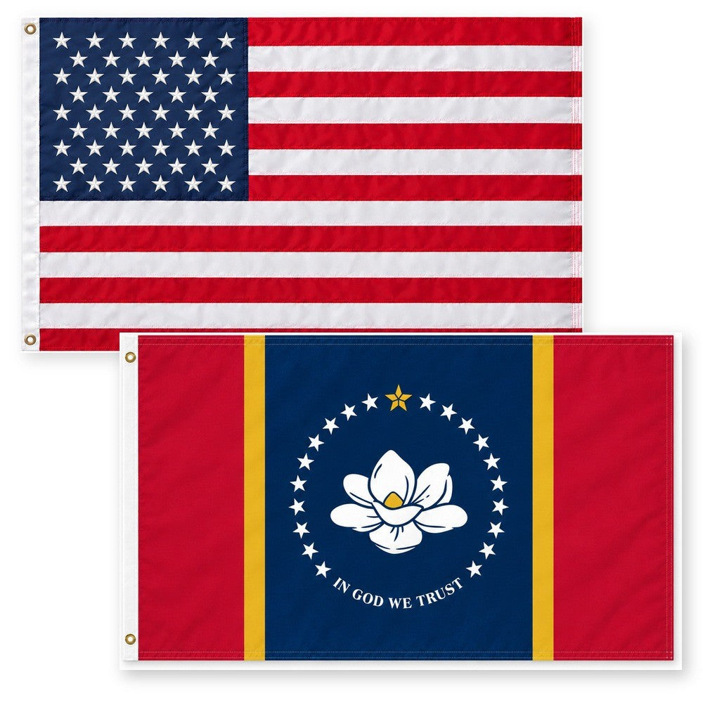 Heavy Duty American Flag and Mississippi State Flag 3x5 2-Pack