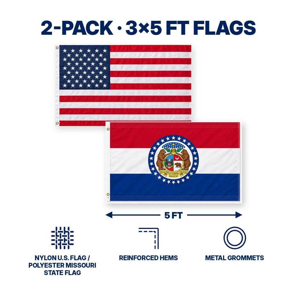 Heavy Duty American Flag and Missouri State Flag 3x5 2-Pack features and size details