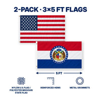 Heavy Duty American Flag and Missouri State Flag 3x5 2-Pack features and size details