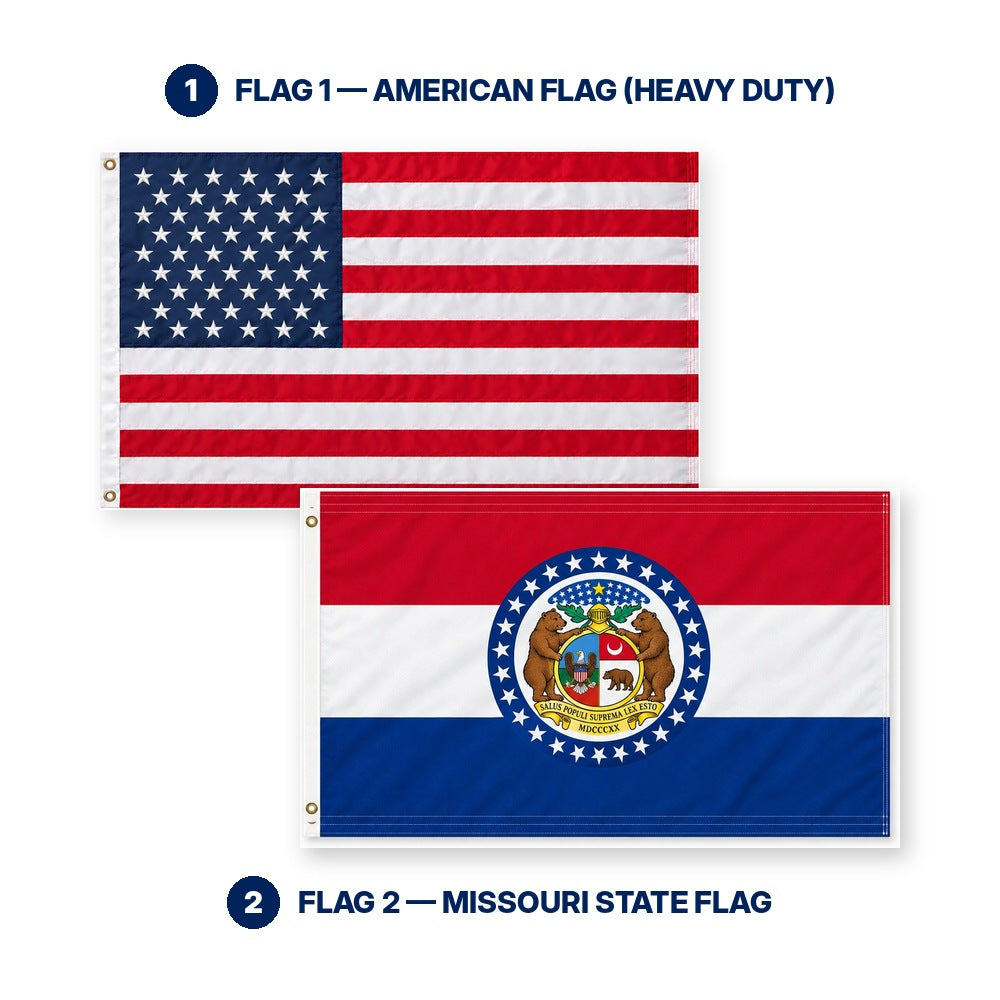 Heavy Duty American Flag and Missouri State Flag 3x5 2-Pack features and size details