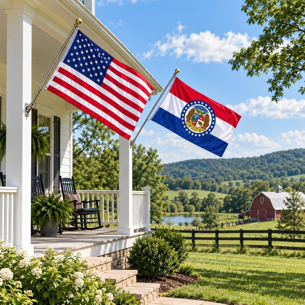 Heavy Duty American Flag and Missouri State Flag 3x5 2-Pack displayed outdoors