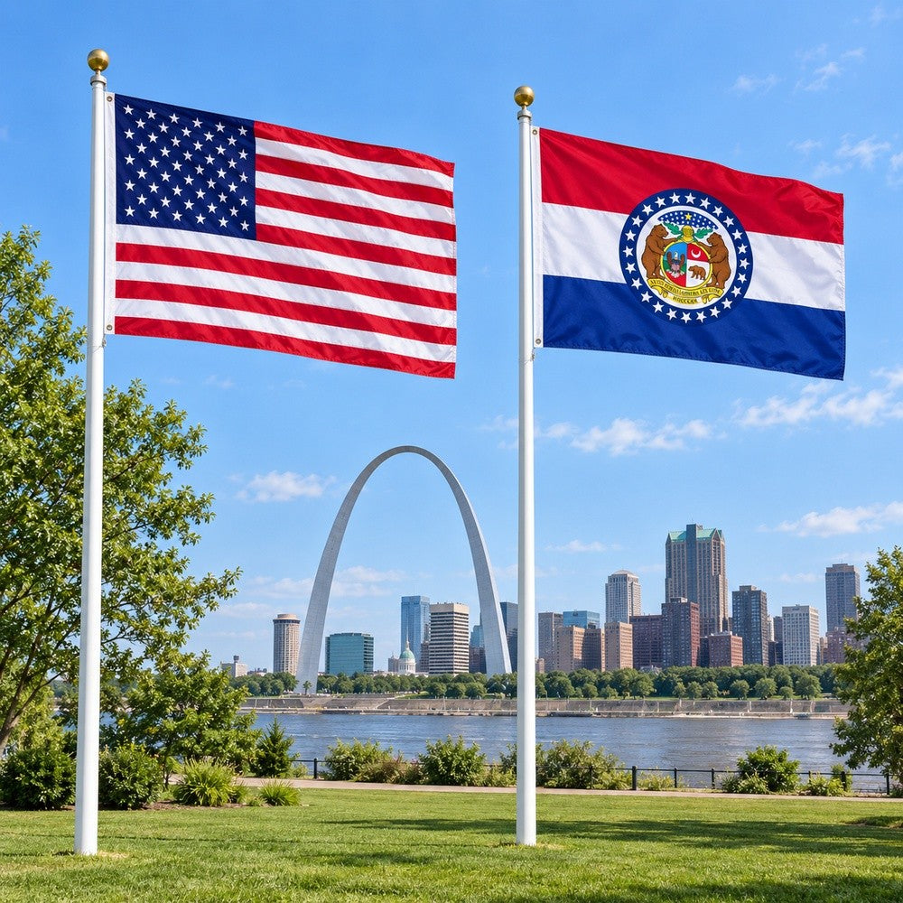 Heavy Duty American Flag and Missouri State Flag 3x5 2-Pack displayed outdoors