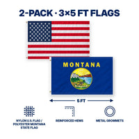Heavy Duty American Flag and Montana State Flag 3x5 2-Pack features and size details