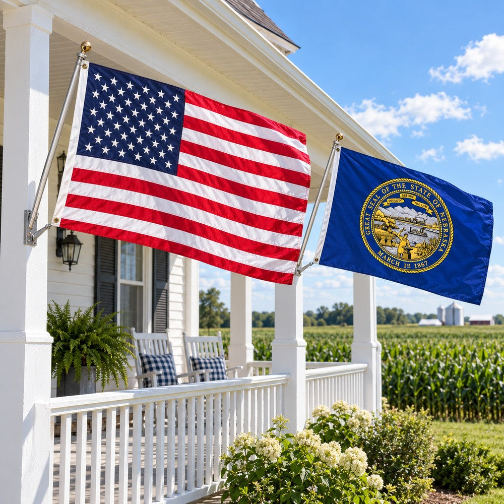 Heavy Duty American Flag and Nebraska State Flag 3x5 2-Pack displayed outdoors