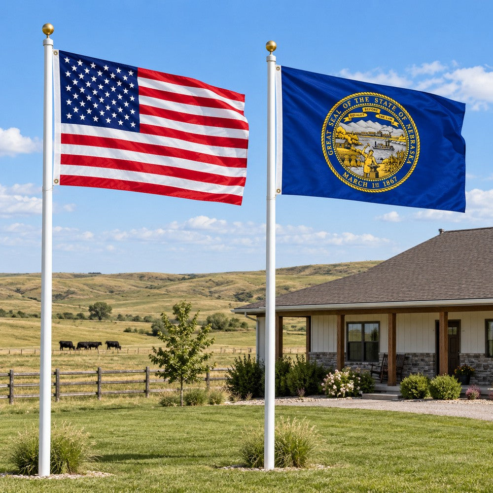 Heavy Duty American Flag and Nebraska State Flag 3x5 2-Pack displayed outdoors