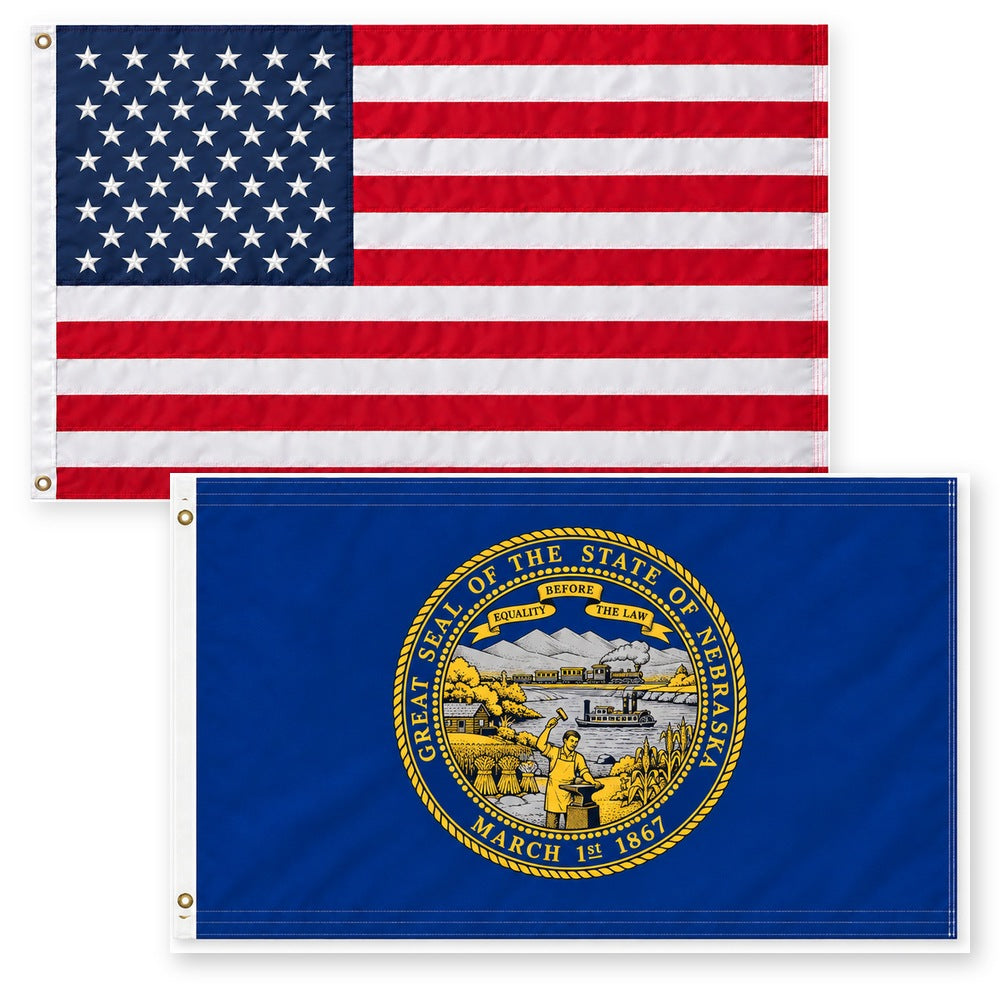 Heavy Duty American Flag and Nebraska State Flag 3x5 2-Pack