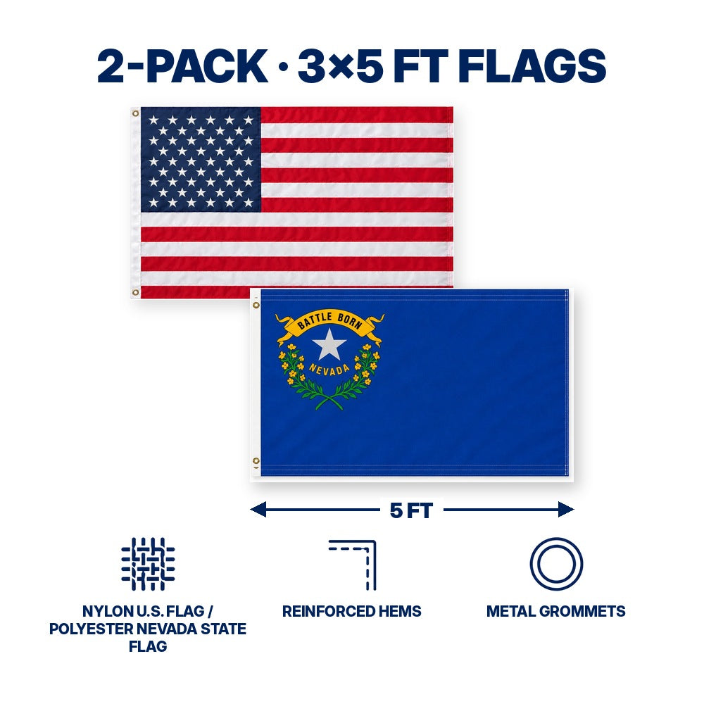 Heavy Duty American Flag and Nevada State Flag 3x5 2-Pack features and size details