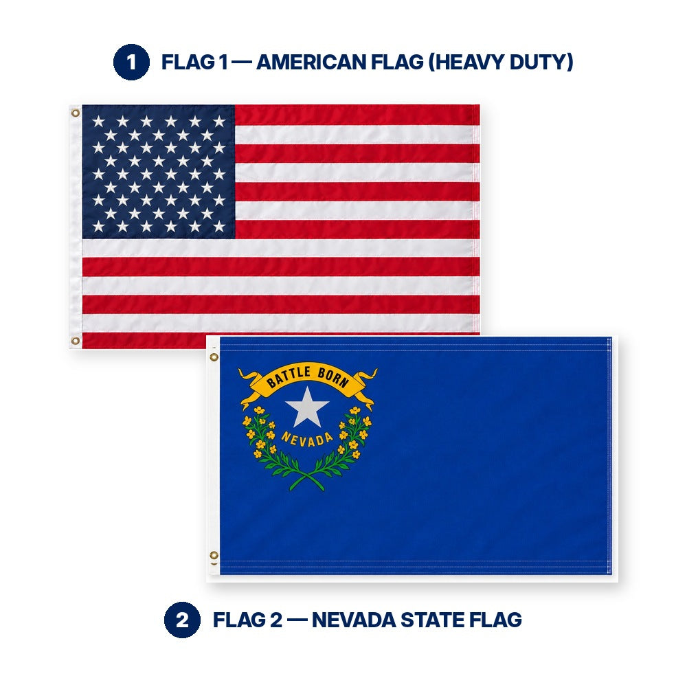 Heavy Duty American Flag and Nevada State Flag 3x5 2-Pack features and size details