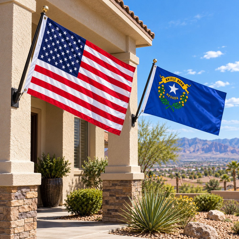 Heavy Duty American Flag and Nevada State Flag 3x5 2-Pack displayed outdoors