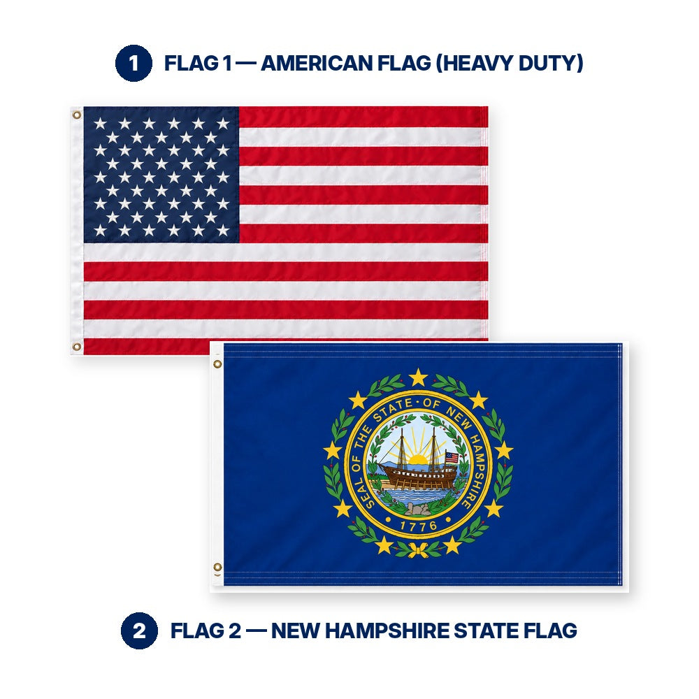Heavy Duty American Flag and New Hampshire State Flag 3x5 2-Pack features and size details