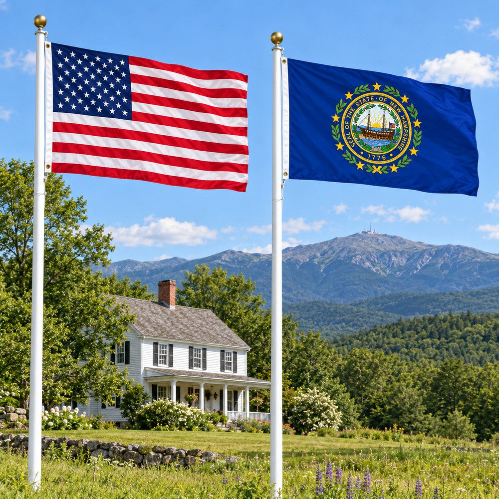Heavy Duty American Flag and New Hampshire State Flag 3x5 2-Pack displayed outdoors