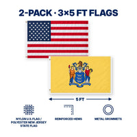 Heavy Duty American Flag and New Jersey State Flag 3x5 2-Pack features and size details