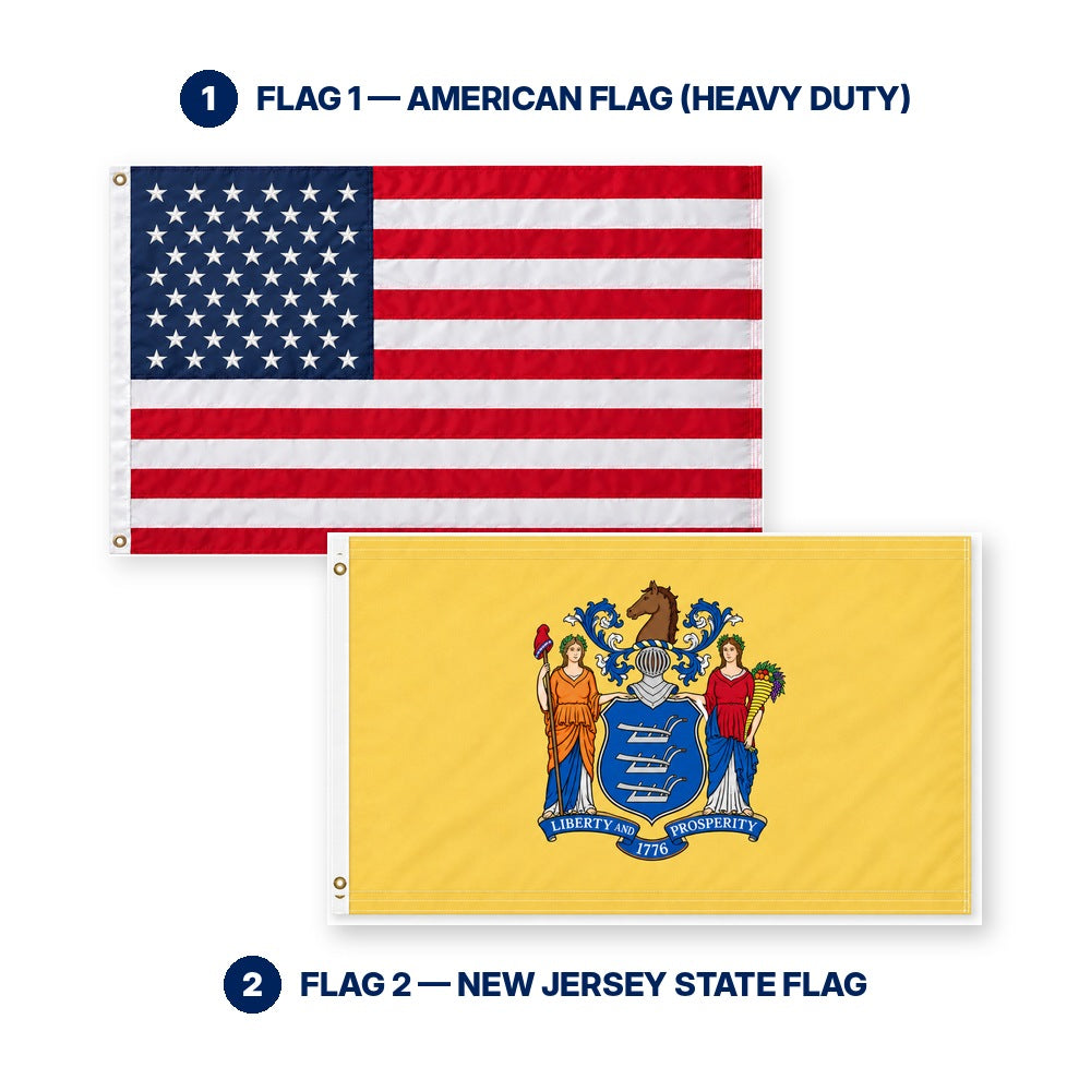 Heavy Duty American Flag and New Jersey State Flag 3x5 2-Pack features and size details