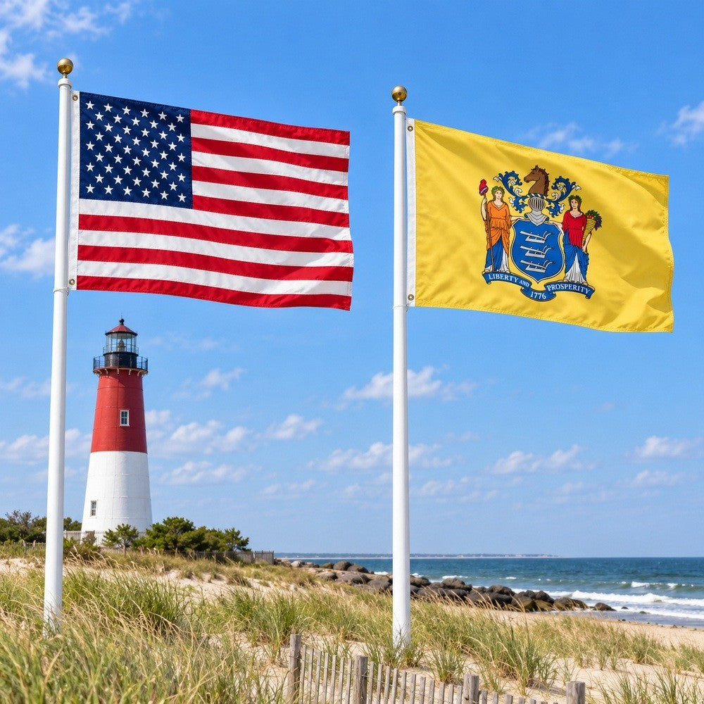 Heavy Duty American Flag and New Jersey State Flag 3x5 2-Pack displayed outdoors