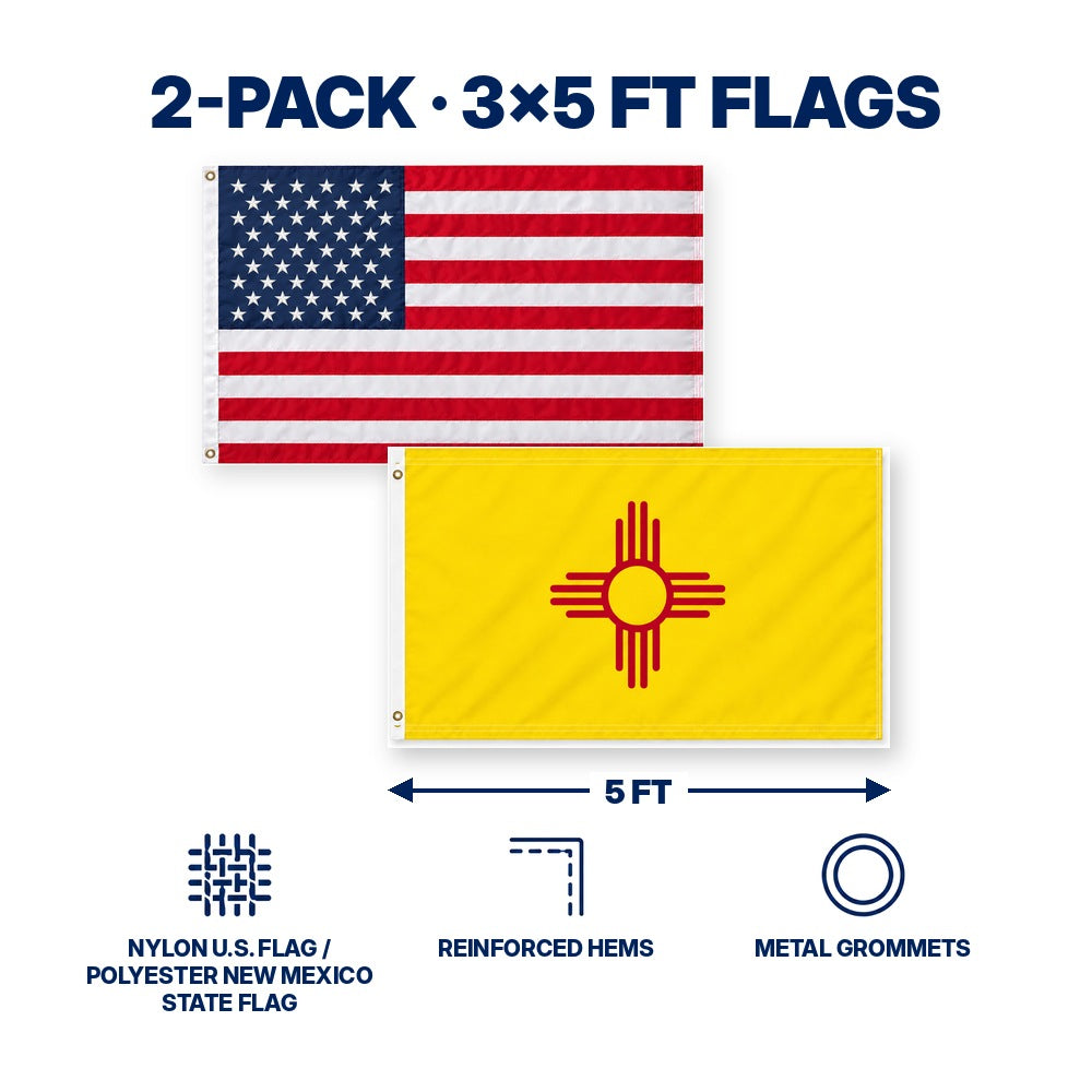 Heavy Duty American Flag and New Mexico State Flag 3x5 2-Pack features and size details