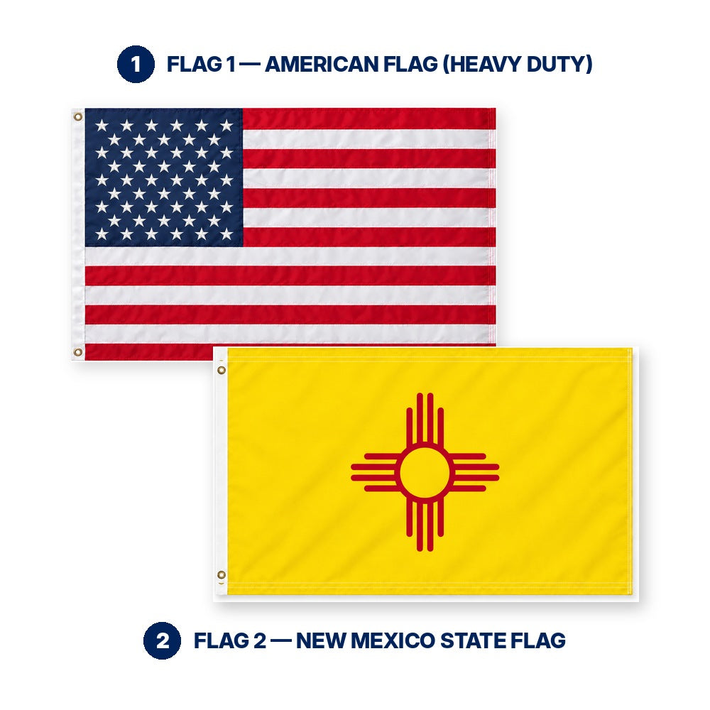 Heavy Duty American Flag and New Mexico State Flag 3x5 2-Pack features and size details