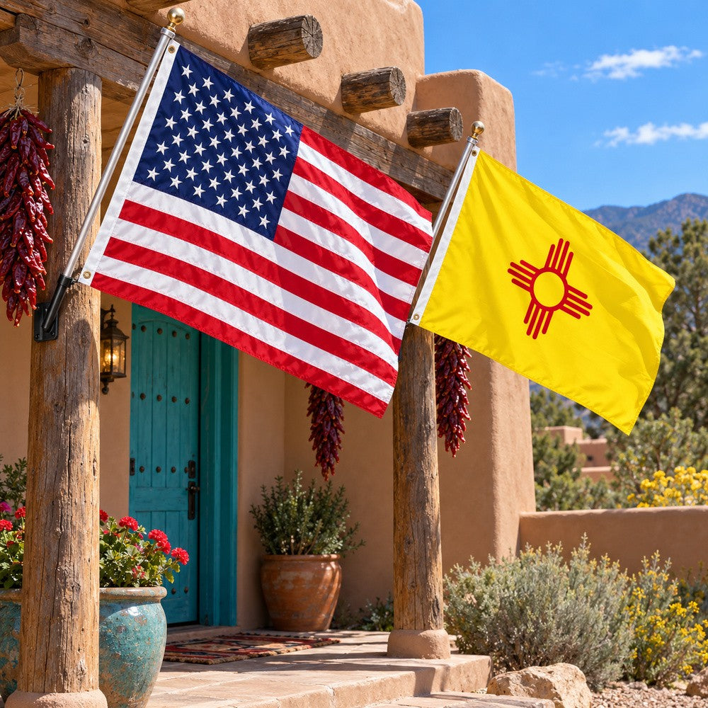 Heavy Duty American Flag and New Mexico State Flag 3x5 2-Pack displayed outdoors