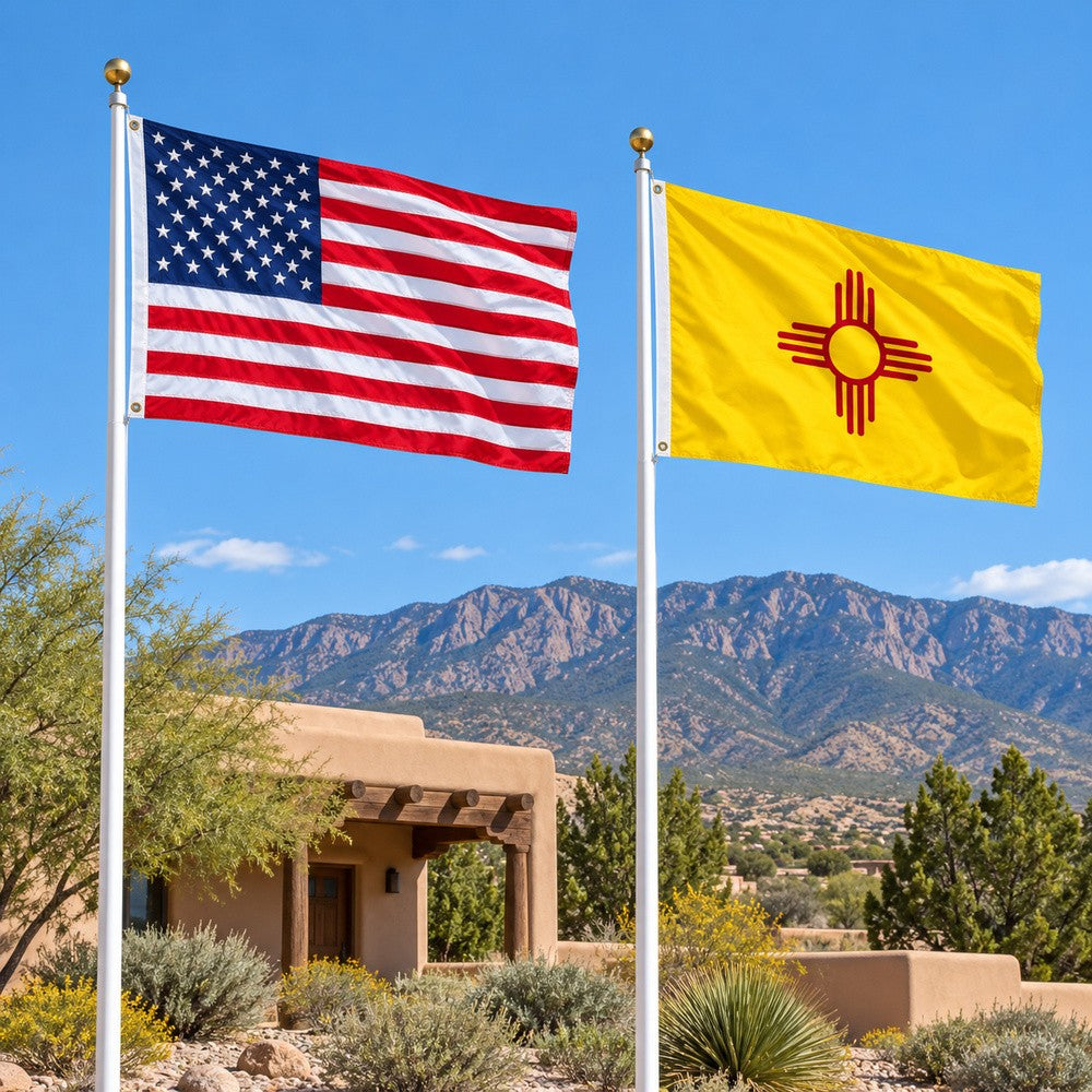 Heavy Duty American Flag and New Mexico State Flag 3x5 2-Pack displayed outdoors