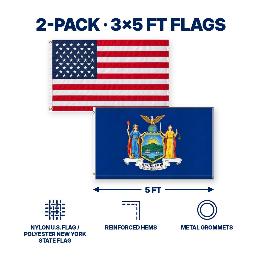Heavy Duty American Flag and New York State Flag 3x5 2-Pack features and size details
