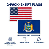 Heavy Duty American Flag and New York State Flag 3x5 2-Pack features and size details