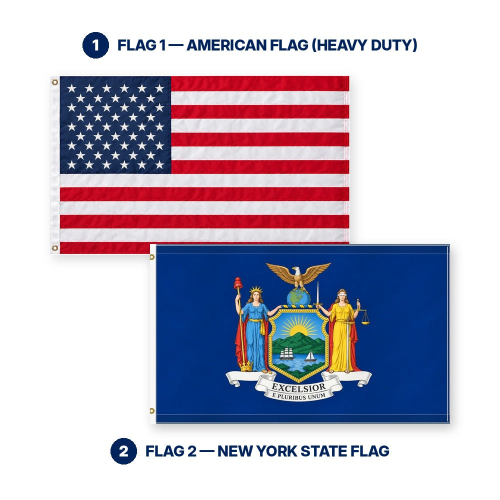 Heavy Duty American Flag and New York State Flag 3x5 2-Pack features and size details