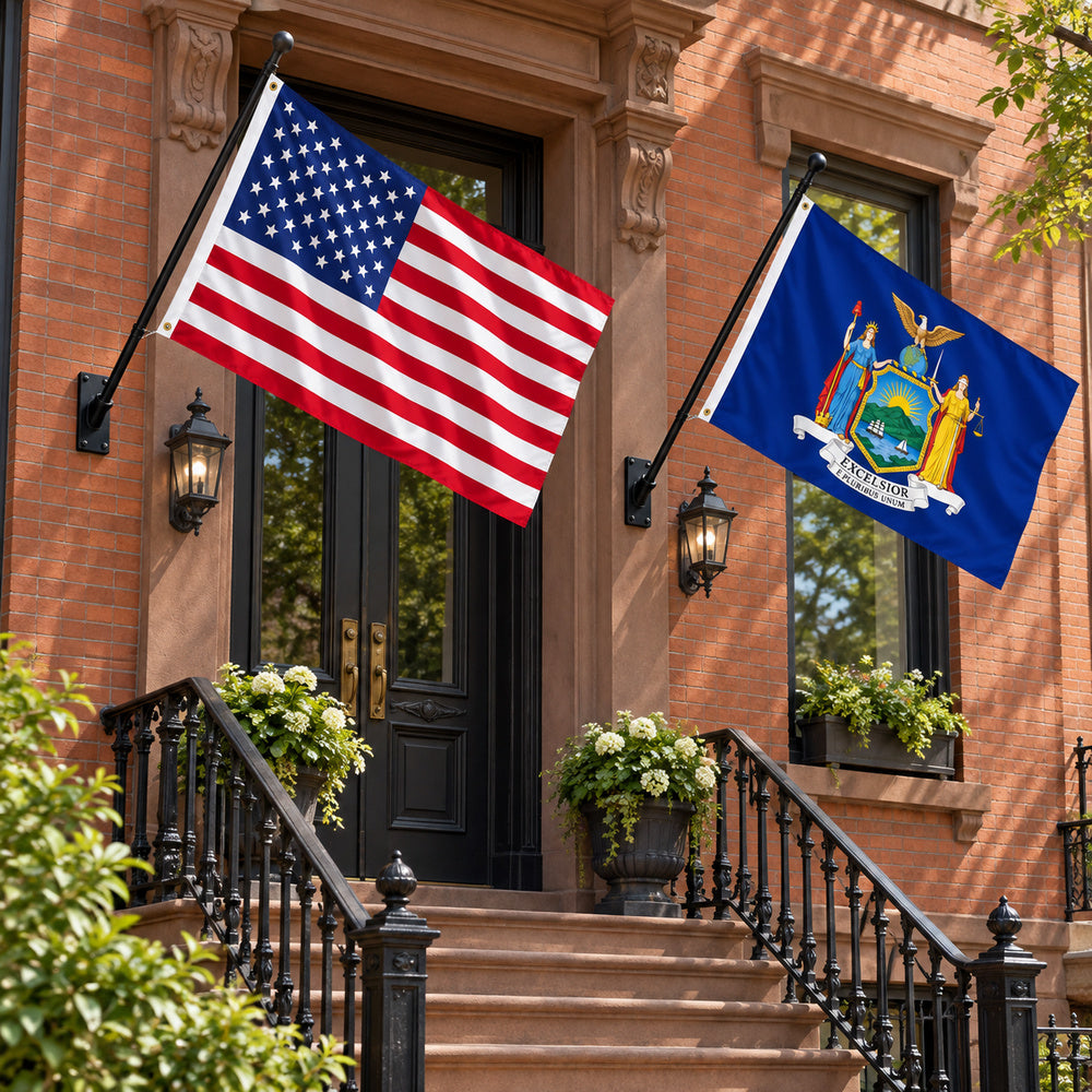 Heavy Duty American Flag and New York State Flag 3x5 2-Pack displayed outdoors
