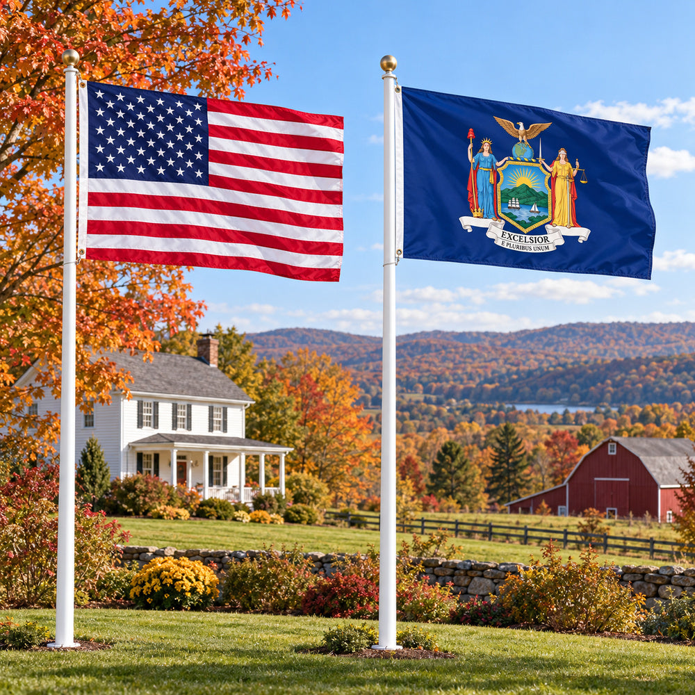 Heavy Duty American Flag and New York State Flag 3x5 2-Pack displayed outdoors