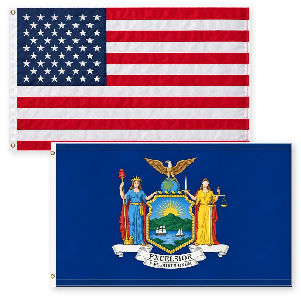 Heavy Duty American Flag and New York State Flag 3x5 2-Pack