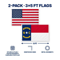 Heavy Duty American Flag and North Carolina State Flag 3x5 2-Pack features and size details