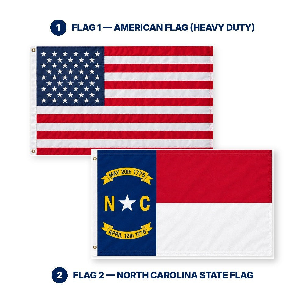 Heavy Duty American Flag and North Carolina State Flag 3x5 2-Pack features and size details